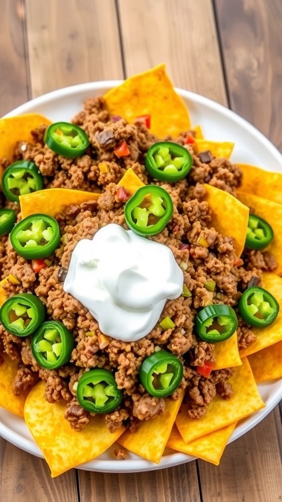 Zero Carb Nachos Recipe A plate of zero carb nachos with cheese crisps, ground beef, jalapeños, and sour cream on a rustic table.